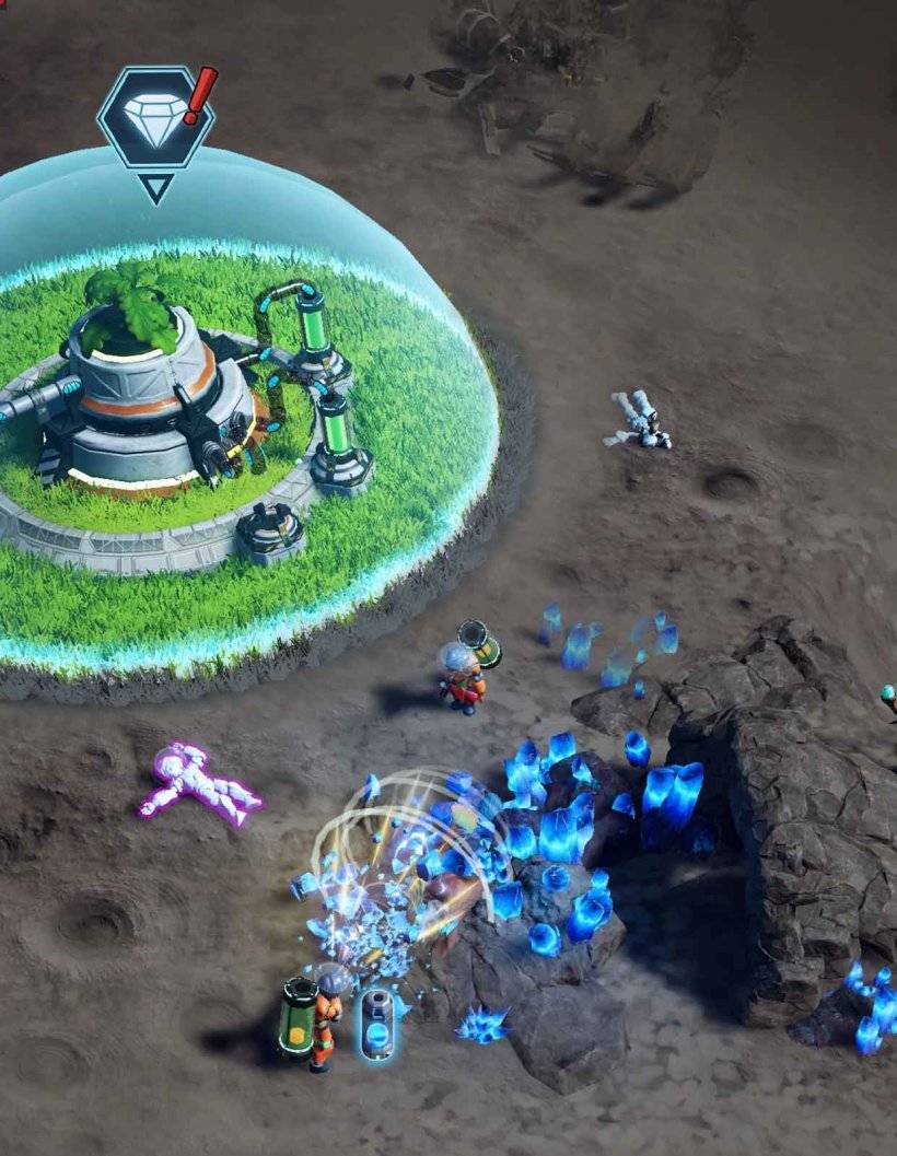 a group of astronauts mining resources on an alien planet