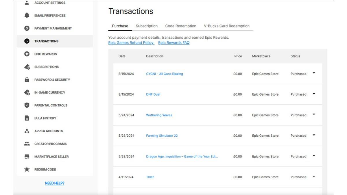 Seite Epic Games Transactions Seite als Teil eines Artikels darüber, wie Sie überprüft, wie viel Geld Sie für Fortnite ausgegeben haben.