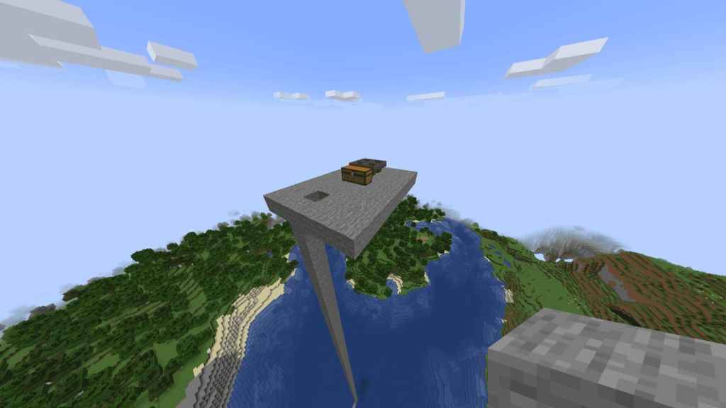 Mała platforma Minecraft na niebie z klatką piersiową i czterema lejkami dla mob