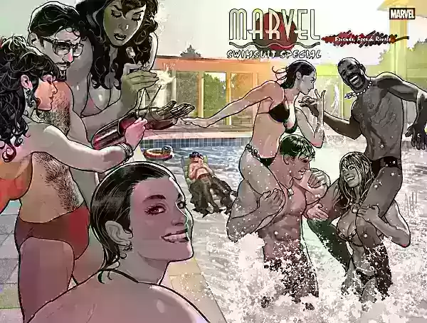 Arte especial de maiô da Marvel. Imagem cortesia da Marvel.