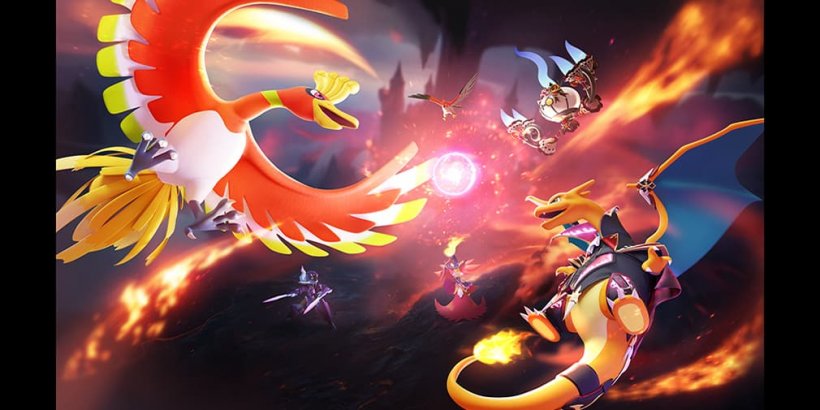 Orange, white and yellow bird Pokemon battling orange dragon Pokemon