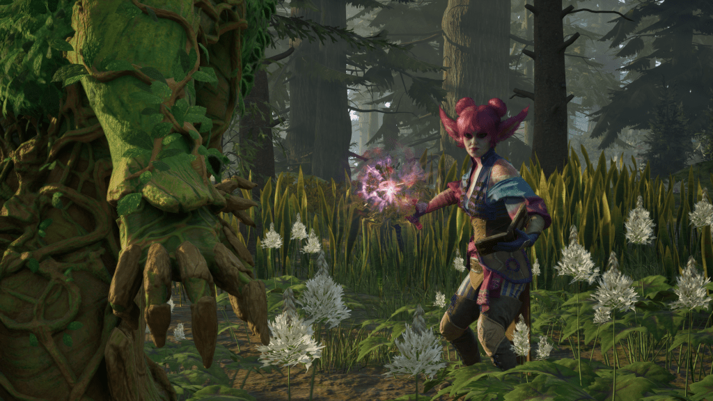 Yatzli faces off in a forest in Avowed