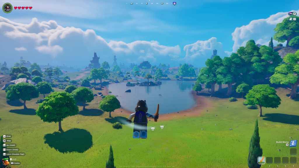 Vista à beira do lago em Lego Fortnite.