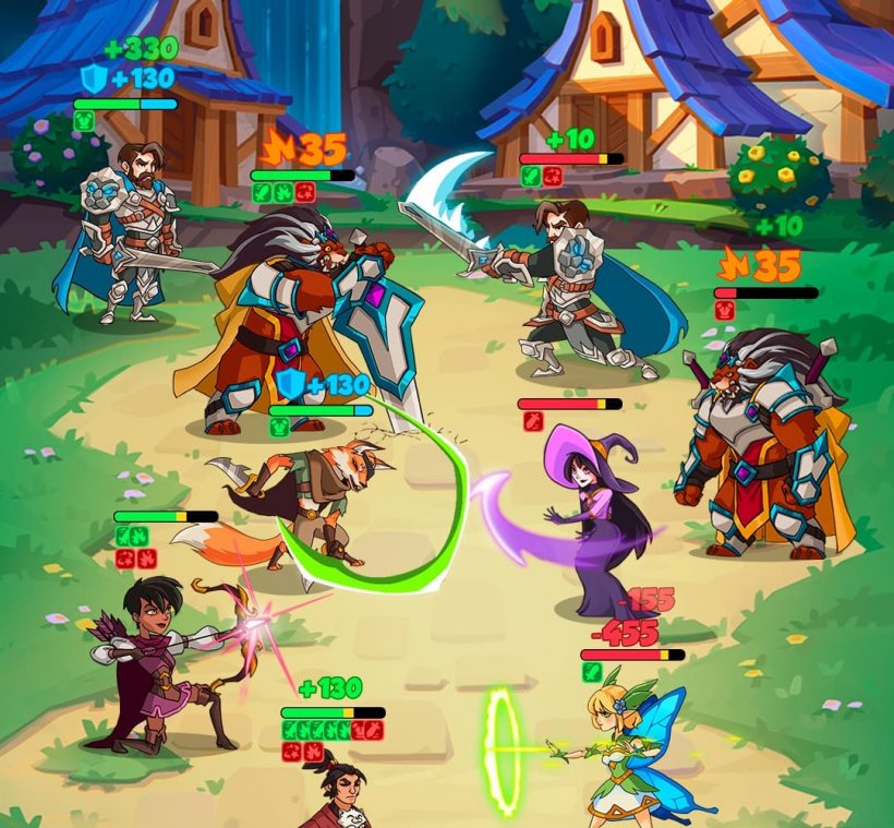 Fantasy battle scene from Monoloot featuring various characters