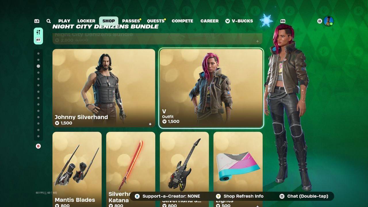 Cyberpunk 2077's Fortnite skin selection