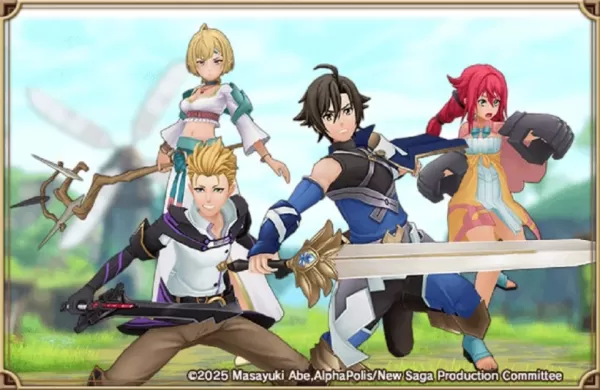 Четыре фэнтезийных персонажа стоят вместе на фоне живописного пейзажа