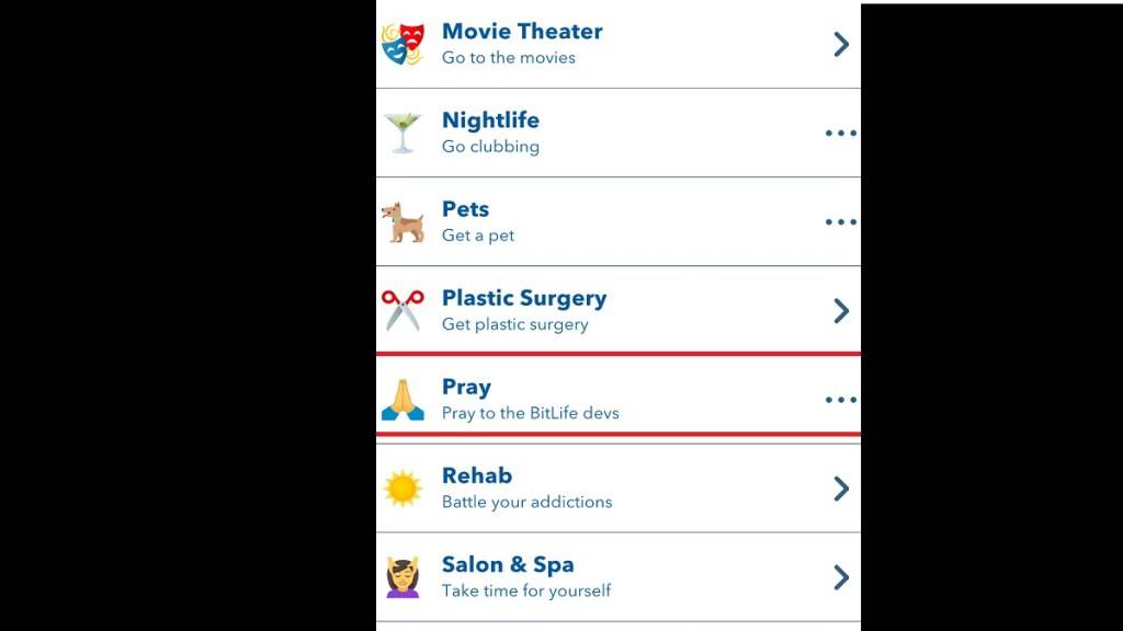 Option to pray in Bitlife Activity menu