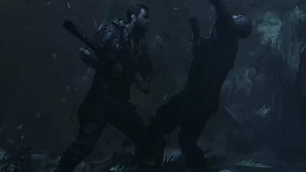 Kyle Crane from Dying Light fighting an enemy with a bat, dark forest