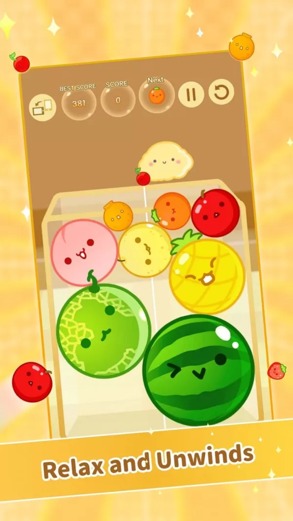 Juego de Suika mostrando frutas cayendo para crear combos