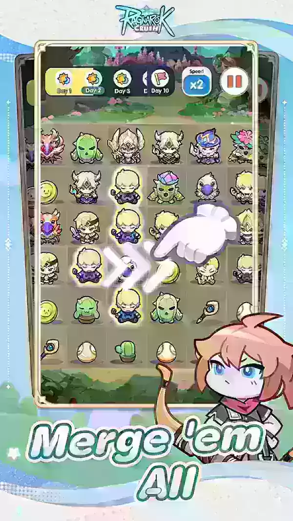 Ragnarok Online characters and monsters arranged on a merging game grid